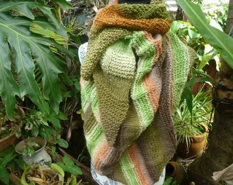 Unique artisan hand knitted wool, silk and mohair large triangular shape shawl / wrap.  Warm and cozy wrap. Unisex Winter wrap.