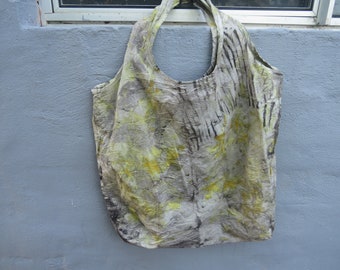 Eco printed with tumeric, windfall leaves and metal cotton tote bag.  Handy artisan  carry bag for groceries and shopping. Light weight tote