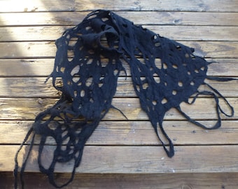 Hand dyed merino felted  black scarf / wrap.