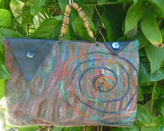 Hand dyed wool felted rectangular shape bag with removable beaded handles .  Has an inside pocket and leather and button closures.