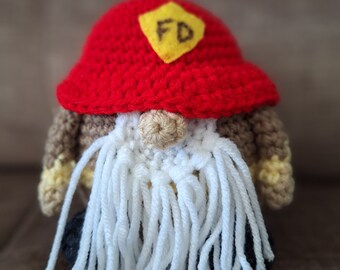 Crocheted Firefighter Gnome: FD Insignia, Home Decor Plushie