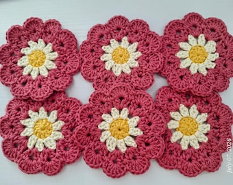 Crocheted Cotton Rose Flower Coasters - Set of 6 - Summer Kitchen Decor