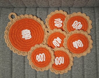 Crocheted Cotton Coasters Set: Pumpkin Pie Theme, Double Layered