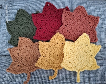 Crocheted Cotton Leaf Coasters - Set of 6 - Autumn Kitchen Decor