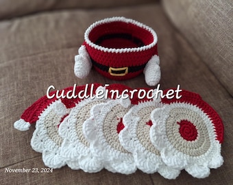 Crocheted Santa Coasters: Cotton Christmas Decor, Set of 5