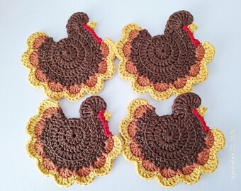 Hand Crocheted Turkey Coasters, Double Layered, 5.75-Inch, Set of 4