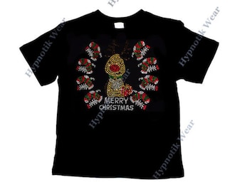 T-shirt avec strass pour fille « Merry Christmas Reindeer » Disponible pour les enfants de 3 à 14 ans