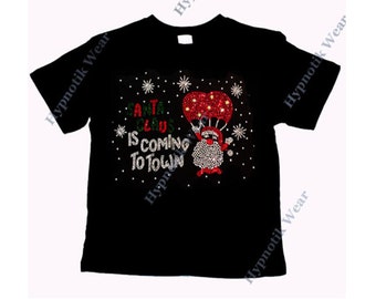T-shirt avec strass pour fille « Le père Noël arrive en ville » Disponible pour les enfants de 3 à 14 ans