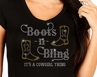 Cowgirl Shirt Rhinestone “Boots n Bling” – Rodeo Tee, Western Gift, Women’s Fitted/Unisex