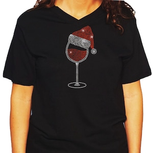 Women&#39;s / Unisex Rhinestone T-shirt &quot; Wine Cup with Santa Hat &quot; for Christmas Party