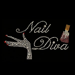 May include: A rhinestone design featuring a hand with red nail polish and the words "Nail Diva" with a bottle of nail polish.