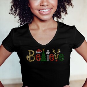 Women's Rhinestone Fitted Shirt with " Believe " for Christmas