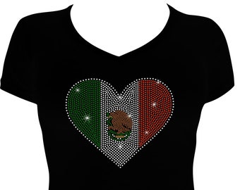 Rhinestone Mexican Flag Heart Shaped on Women's Fitted or Unisex Shirt with Rhinestones, Bandera de Mexico