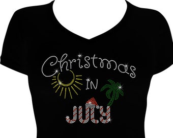 Women's Rhinestone Fitted Snug Shirt " Christmas in July " Christmas in July Rhinestone shirt