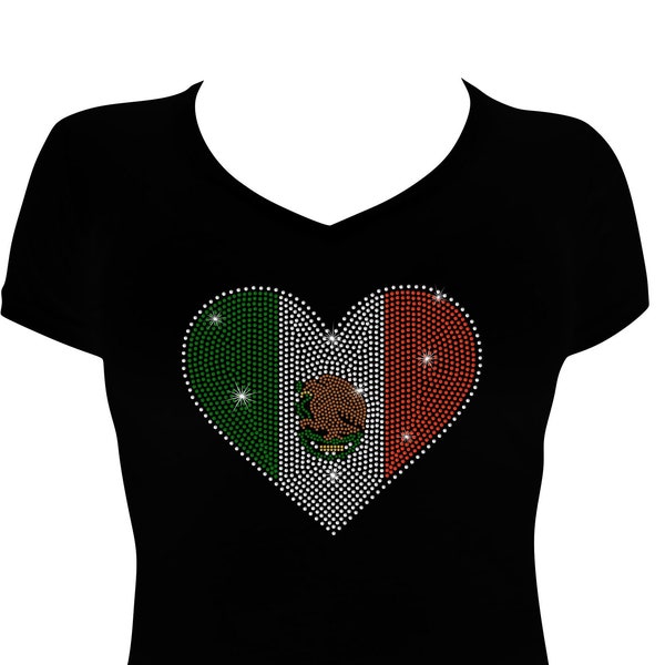 Rhinestone Mexican Flag Heart Shaped on Women's Fitted or Unisex Shirt with Rhinestones, Bandera de Mexico