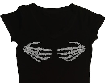 Women's Rhinestones Fitted Tight Snug Shirt " Skeleton Hands " in Various Sizes & Styles