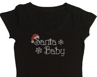 Women's Rhinestone Fitted Tight Snug Shirt with " Santa Baby "  for Christmas Party