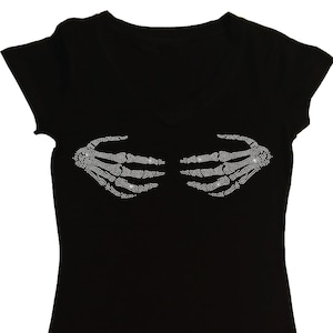 Women&#39;s Rhinestones Fitted Tight Snug Shirt &quot; Skeleton Hands &quot; in Various Sizes & Styles