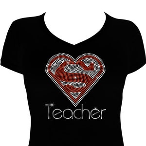 Women's Rhinestone Fitted Shirt " Super Teacher with Heart " in S, M, L, 1X, 2X, 3X Super Hero