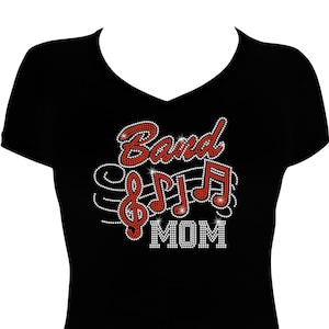 Women&#39;s Rhinestone Fitted Snug Shirt with &quot; Band Mom & Music Notes &quot; Choose Color of Notes and Band, Band Shirt