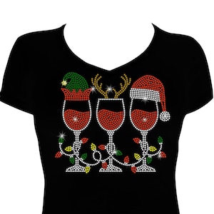 Women&#39;s Rhinestone Fitted Tight Snug Shirt &quot; Elf Reindeer Santa Hat Wine Cups &quot; Wine Shirt, Christmas Shirt, Christmas Lights, Wine Glasses