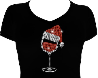 Women's Rhinestone Fitted Tight Snug Shirt " Wine Cup with Santa Hat " for Christmas Party