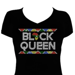 Women&#39;s Rhinestone Fitted Snug Shirt &quot; Black Queen &quot; in African Colors Border Rhinestone Shirt