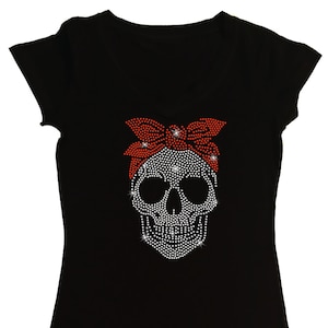 Women&#39;s Fitted Tight Snug Rhinestones &quot; Girl Skull with Bandana &quot; in Various Sizes & Styles, Skeleton