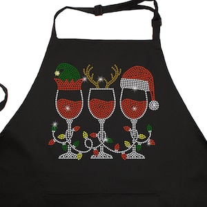 Rhinestone Embellished Black Apron with Elf, Reindeer, Santa Hat, Wine Cup, Christmas Lights, Christmas Kitchen Apron