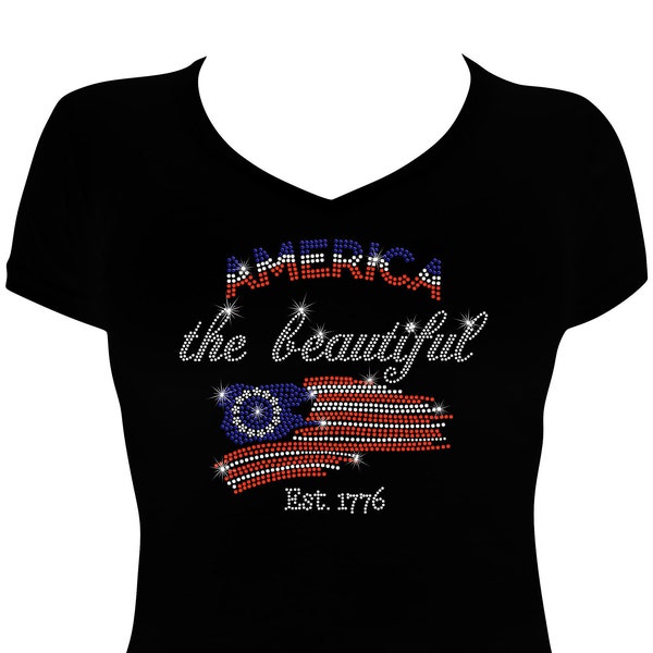 Women's Rhinestone Fitted or Unisex Shirt " America The Beautiful " in Red, White & Blue, Patriotic Shirt, 4th of July Shirt