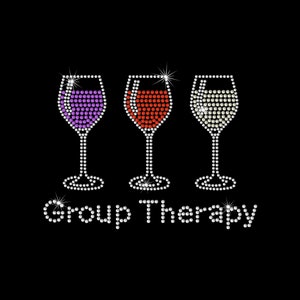 May include: Three wine glasses with different colored wine inside, with the text "Group Therapy" below them.