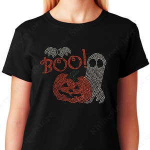 Women's / Unisex Rhinestone T-shirt " Pumpkin and Ghost with Boo for Halloween " in S, M, L, 1X, 2X, 3X