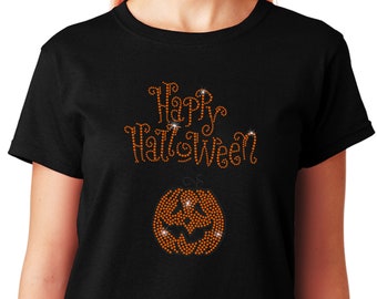 Women's / Unisex Rhinestone T-shirt " Happy Halloween with Pumpkin " in S, M, L, 1X, 2X,3X Halloween Shirt