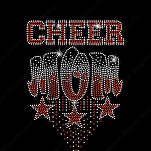 May include: Cheer Mom rhinestone design with red and white rhinestones. The design features the words "Cheer Mom" with three stars below.