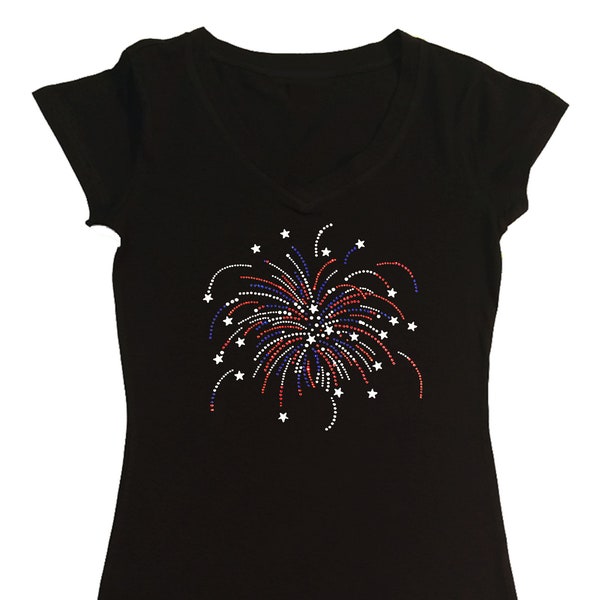 Women's Rhinestone Fitted Snug Shirt " Fireworks in Rhinestones " in S, M, L, 1X, 2X, 3X