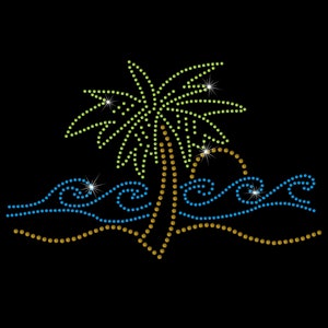 Rhinestone Transfer &quot; Palm Tree and Waves &quot; Hotfix , Iron On, Bling, Beach Scene