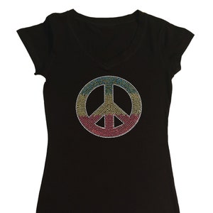 Runs Small Tight Fitting Love with Peace Sign & Flower Rhinestone Ladies V-Neck Heart T-Shirt Runs Small Tight Fitting Love with Peace Sign & Flower Rhinestone Ladies V-Neck Heart T-Shirt