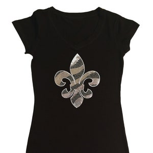 Women's Rhinestone T-Shirt " Silver Sequins and Rhinestones Fleur de Lis " in S, M, L, 1X, 2X, 3X