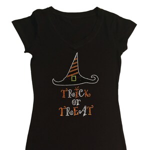 Women&#39;s Rhinestone Fitted Snug Shirt Trick or Treat - Witch Hat in S, M, L, 1x, 2x, 3x