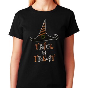 Women&#39;s / Unisex Rhinestone T-shirt &quot; Trick or Treat - Witch Hat &quot; in S, M, L, 1X, 2X, 3X