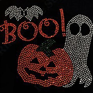 Rhinestone Transfer "  Pumpkin and Ghost with Boo for Halloween" Iron On, Hotfix, Bling  Halloween