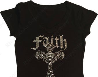 Women's Rhinestone Fitted Snug Shirt " AB Faith Cross " in S, M, L, 1X, 2X, 3X - Religious