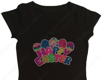 Women's Rhinestone & Rhinestud Fitted Tight Snug Shirt " Neon Happy Easter " in S, M, L, 1X, 2X, 3X