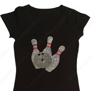 Women&#39;s Rhinestone Fitted Tight Snug  Shirt &quot; Bowling Pins &quot; in S, M, L, 1x, 2x, 3x Strike Out