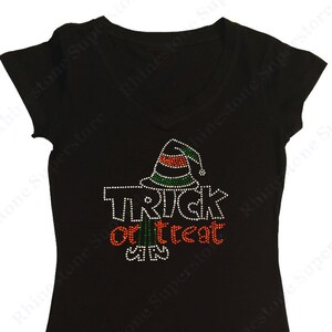 Women&#39;s Rhinestone Fitted Snug Shirt &quot; Trick or Treat with Witch Hat &quot; in S, M, L, 1X, 2X, 3X - Halloween