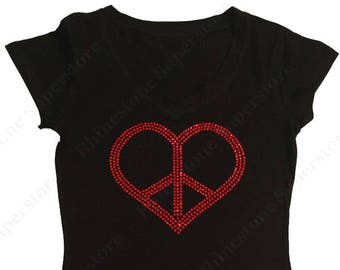 Women's Rhinestone T-Shirt " Red Peace Heart " in S, M, L, 1x, 2x, 3x