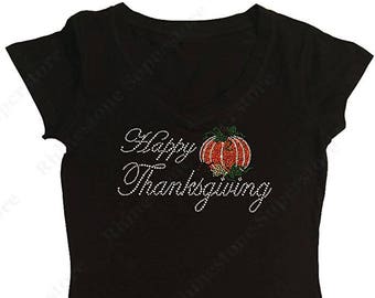 Women's Rhinestone & Rhinestud Fitted Tight Snug Shirt " Happy Thanksgiving with Pumpkin " in S, M, L, 1x, 2x, 3x