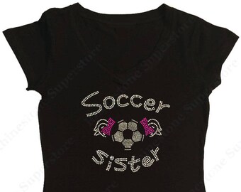 Women's Rhinestone T-Shirt " Soccer Sister with Pigtails " in S, M, L, 1x, 2x, 3x