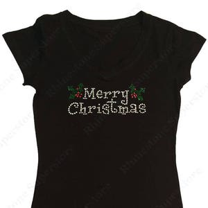 Women's Rhinestone Fitted Tight Snug Shirt " Merry Christmas " in S, M, L, 1x, 2x, 3x Christmas, Holidays