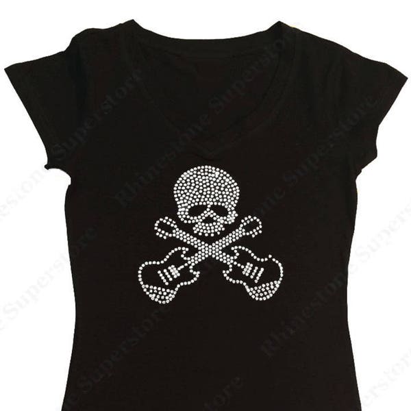 Women's Rhinestone T-Shirt " Skull with Guitars " in S, M, L, 1X, 2X, 3X